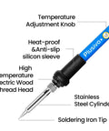 All In One Soldering Kit With 60W Adjustable Iron, close-up showing temperature knob, heat-proof sleeve, and soldering tip