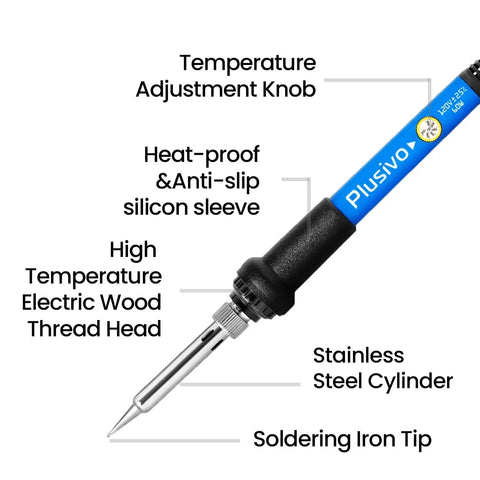 All In One Soldering Kit With 60W Adjustable Iron, close-up showing temperature knob, heat-proof sleeve, and soldering tip