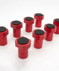 8 Pack 3/4 Inch Lightweight Aluminum Bench Dogs Non Slip Woodworking Clamp Set For Dog Holes Red Heavy Duty Non Skid Workbench Stoppers angled view showcasing rubber-topped design.