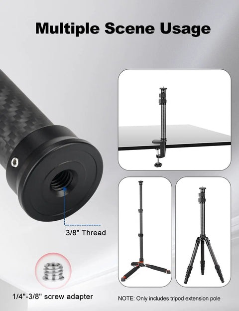 Lightweight Carbon Fiber Tripod Extension Pole Compatible With Dji And Zhiyun Gimbals showing 3/8" thread adapter and versatile setup options.