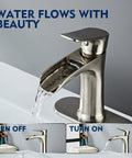 Brushed Nickel Waterfall Bathroom Faucet With Single Hole Design, Single Handle Sink Faucet With Pop Up Drain, water flowing