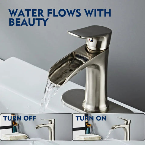 Brushed Nickel Waterfall Bathroom Faucet With Single Hole Design, Single Handle Sink Faucet With Pop Up Drain, water flowing