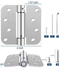 Front and side views of a 4-inch brushed nickel self-closing door hinge, spring-loaded tension, UL listed, 2-pack