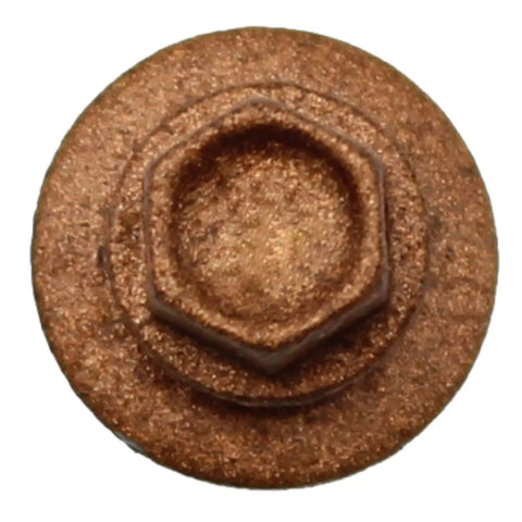 Top Shelf One Inch Metal Roofing Screws With Copper Finished Hex Washer Heads and Thick EPDM Sealing Washers for No Sweat Drilling close-up view.