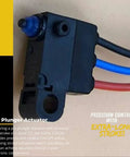 Kickass Ultra Subminiature Micro Switch Featuring A Pin Plunger Actuator And SPDT Layout close-up view of actuator with wire leads and blue pin.