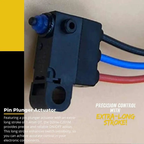 Kickass Ultra Subminiature Micro Switch Featuring A Pin Plunger Actuator And SPDT Layout close-up view of actuator with wire leads and blue pin.