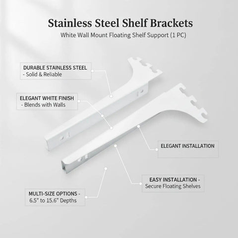 White Stainless Steel Shelf Brackets for wall mounting floating shelf support, 1 pack, shown in white finish, ideal for secure installation.