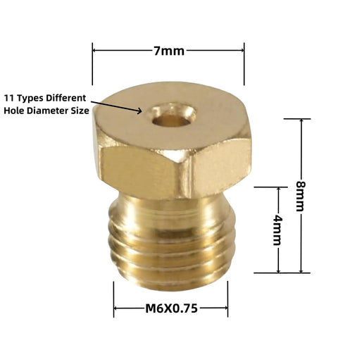 Close-up of a brass nozzle from a 36 Piece Propane Orifice Kit For Grill Masters And BBQ Pros, showing M6x0.75 threading and dimensions.
