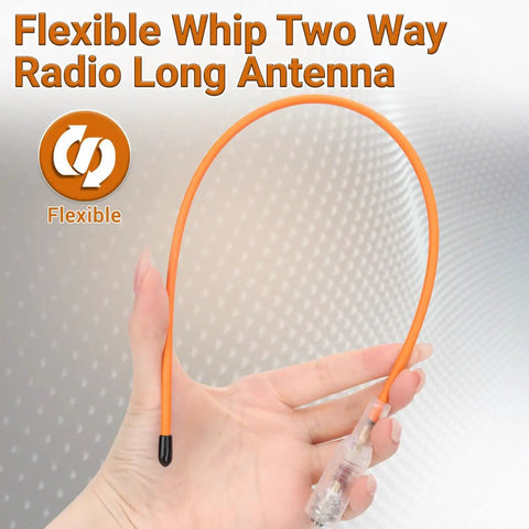 Person holding a flexible orange Dual Band Walkie Talkie Antenna For 144 And 430 MHz With SMA Female Connector, High Gain Soft Whip.
