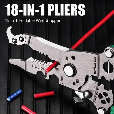 Close-up of Eighteen In One Foldable Wire Stripper And Crimping Tool for pros with wire cutting demonstration