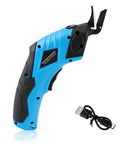 Top Tier Electric Fabric Scissors Providing Ridiculously Smooth Cordless Slicing On Thick Cloth And Carpet With An Included Charger showcasing blue ergonomic handle and USB charger.