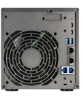Back view of Four Bay Network Attached Storage Built To Last With Blazing Fast AMD Ryzen Quad Core Processor And Sixteen Gigabyte DDR5 Memory Triple One Terabyte NVMe Drives showing cooling fan, ports, and connectivity options.