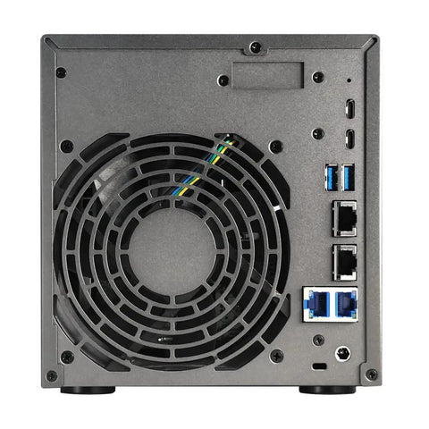 Back view of Four Bay Network Attached Storage Built To Last With Blazing Fast AMD Ryzen Quad Core Processor And Sixteen Gigabyte DDR5 Memory Triple One Terabyte NVMe Drives showing cooling fan, ports, and connectivity options.