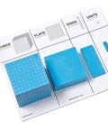 Blue Plastic Base Ten Blocks Set for Kids, Place Value Manipulatives with cubes, flats, rods, and units on a labeled mat