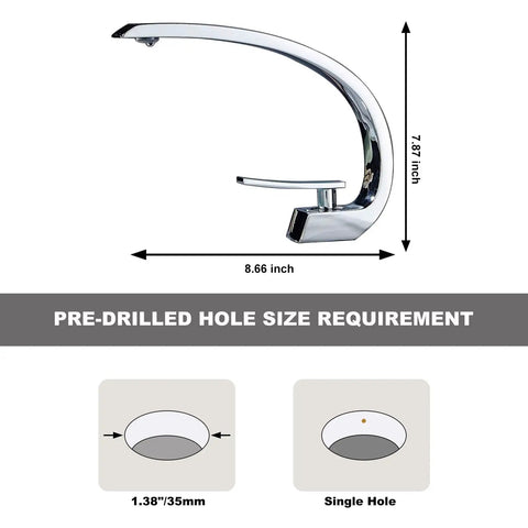 Chrome Bathroom Sink Faucet With Single Handle And Single Hole Install Dope Brass Lavatory Vanity Basin Mixer Tap Includes Supply Hose And Pop Up Drain Assembly 7.8 Inch Spout Modern Spa Style dimensions and hole requirements.