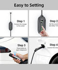 No Sweat Level 2 And Level 1 Portable EV Charger With Nacs Connector For Tesla Model Y X 3 S Cybertruck setup steps illustration.