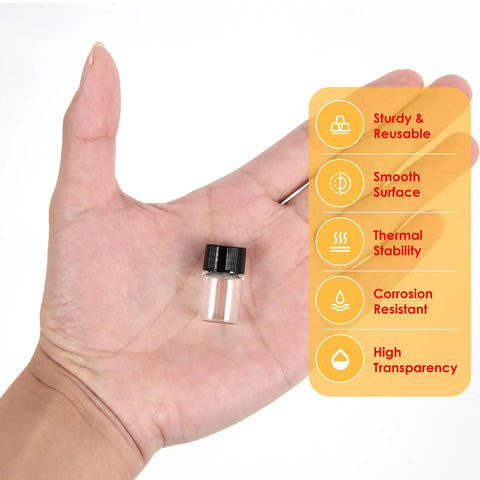 Snatch This Pack Of Twelve Leakproof 2Ml Clear Borosilicate Glass Vials Featuring Tight Screw Threads and Secure Plastic Stopper Caps Ideal For Secure Storage Portable Testing Or Smooth Custom Blending Runs Delivering Consistent Results held in a hand.