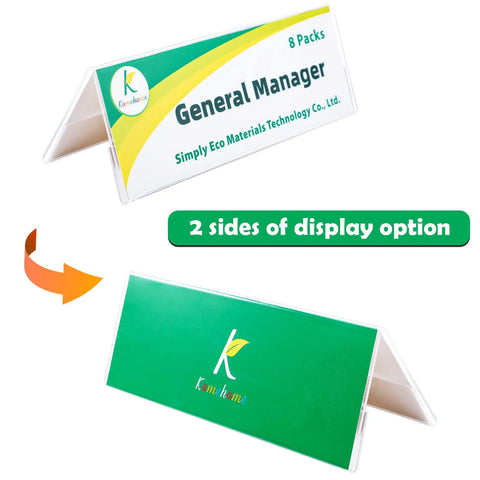 Eight Pack Clear Acrylic Desk Name Plates With Double Sided Name Tent Stands 8.45 By 3 Inches, angled view showing both sides