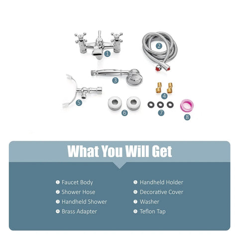 Wall Mount Bathtub Faucet With Handheld Shower Chrome Finish, Double Cross Handle Mixer Tap components overview