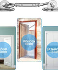 Hook and Eye Latch for Gate Cabinet Door Window Stainless Steel Lock mounted on various door types, including wooden and bathroom doors.