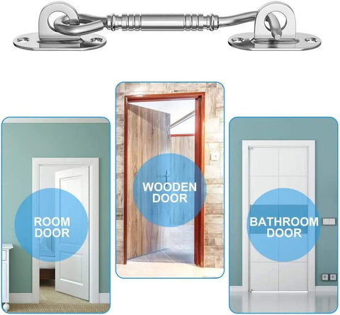 Hook and Eye Latch for Gate Cabinet Door Window Stainless Steel Lock mounted on various door types, including wooden and bathroom doors.