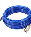 Pro Grade PU Pneumatic Hose Featuring Heavy Duty Fiber Reinforced Line Built For High Pressure Air Compressor Workflows Runs thirty meters of blue tubing.