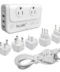 Global Travel Voltage Converter For Hair Tools 220V To 110V Up To 230W For Hair Straighteners And Curling Irons Universal Plug Adapter UK US AU EU IT India Dual Voltage Safety Compact White Travel Companion For Gigs And Trips front view with adapters