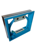 Heavy Duty Cast Iron Square Frame Bubble Level Featuring A Straight Shooting Vial With Cut Above Precision Machinist Tool For Workhorse Grade Shop Projects, blue color, side view.