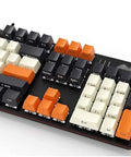 Slick Wired Mechanical Gaming Keyboard With Dope RGB Backlighting And Crisp Blue Clicky Keys Ergonomic Qwerty Design For PC Gamer Rig Upgrades And All Day Office Grinds close-up view of keys in black and orange.