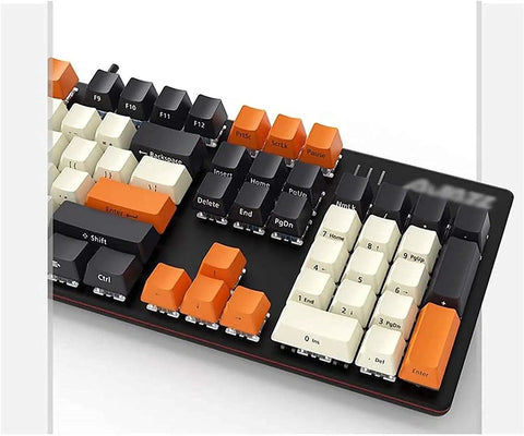 Slick Wired Mechanical Gaming Keyboard With Dope RGB Backlighting And Crisp Blue Clicky Keys Ergonomic Qwerty Design For PC Gamer Rig Upgrades And All Day Office Grinds close-up view of keys in black and orange.