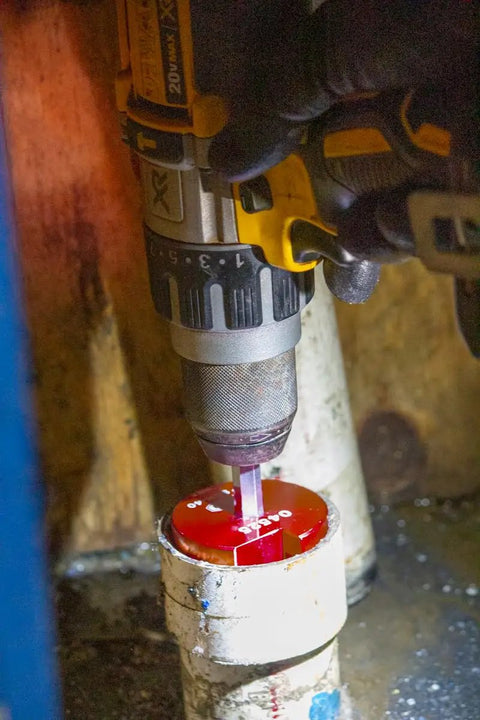 Clean Ream Extreme PVC Pipe Reaming Bit with three eighths inch hex shaft in drill on pipe fitting for two by two inch PVC CPVC ABS.