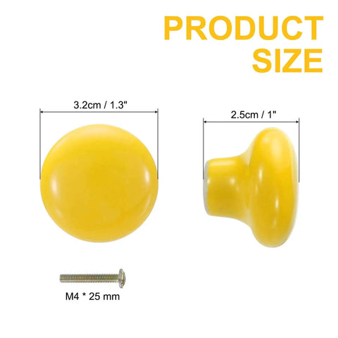 2 Pack Headturner Yellow Ceramic Drawer Knobs Round Dresser Pulls Comes With M4 Screws For Cupboard Wardrobe Total Game Changer For Cabinets Glazed Smooth Handle No Cap Best Upgrade Kitchen Bathroom Decor You Bet Will Impress Friends Today, showing sizes 3.2cm and 2.5cm with M4 screw.