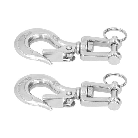 Heavy Duty Lifting Clevis Chain Hook Set, 304 Stainless Steel hook set with safety latches for industrial use.