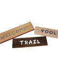 Heavy Duty Complete Sign Router Template Set For Custom Letters And Numbers In 1.5 Inch And 2.5 Inch Sizes With Full Alphabet And Characters Super Duper Easy Alignment For Your Weekend Shop Projects And Killer Diy Creations Right Now - engraved wooden signs saying 'WELCOME!', 'POOL', 'TRAIL'