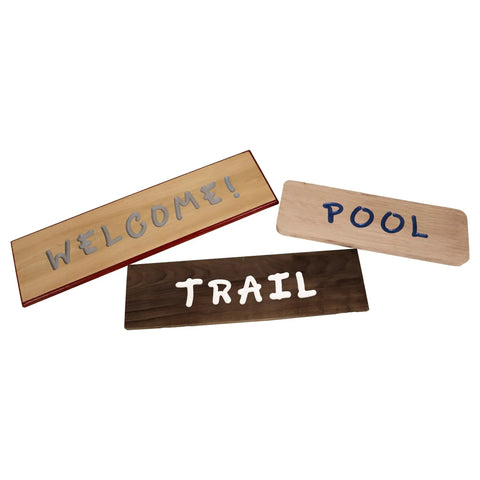 Heavy Duty Complete Sign Router Template Set For Custom Letters And Numbers In 1.5 Inch And 2.5 Inch Sizes With Full Alphabet And Characters Super Duper Easy Alignment For Your Weekend Shop Projects And Killer Diy Creations Right Now - engraved wooden signs saying 'WELCOME!', 'POOL', 'TRAIL'