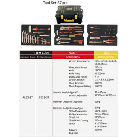 Non-Sparking Tools Set 37-Piece Pro Grade Spark Free Safety Kit With Hammers, Screwdrivers, Wrenches, And Chisels, tool list shown
