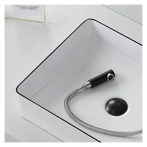 Close-up of USZWBY Vessel Sinks Small Apartment Bathroom Balcony Ceramic Wash Basin with black edge and faucet hose.