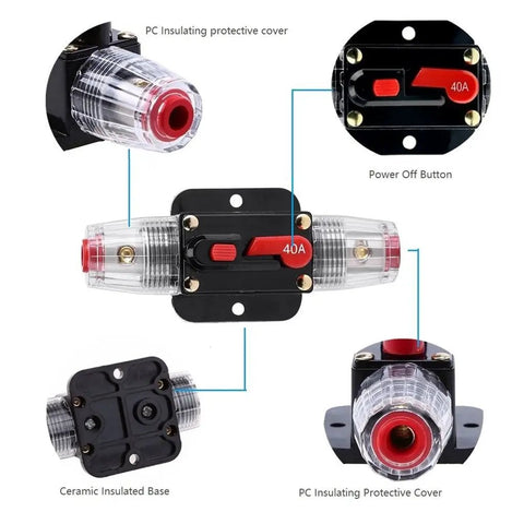 Resettable 100 Amp Fuse Circuit Breaker For Car Audio Systems 12 To 24V DC Overload Protection For Amplifiers Dual Mode Auto Reset And Manual Disconnection Durable Car Audio Fuse Holder For Your Ride with protective cover and power off button