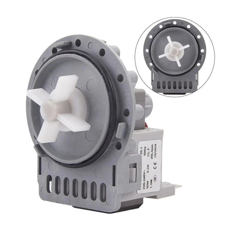 Easy Install No Fuss Plastic Drain Pump For Automatic Washing Machines Keeps Water Flow Smooth Quick Swap Built Tough For Longevity Quiet Operation Compatible With Fully Automatic Washers Across Brands grey plastic drain pump, front view
