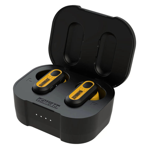 Heavy Duty True Wireless Ear Buds With Type C Charging Case displaying yellow earbuds in black charging case.