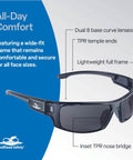 Dorado Anti Fog Safety Glasses With Lightweight Design, curved lenses, smoke crystal black frame, TPR nose and temple ends.