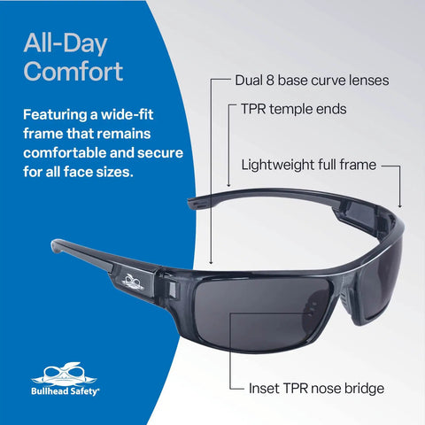 Dorado Anti Fog Safety Glasses With Lightweight Design, curved lenses, smoke crystal black frame, TPR nose and temple ends.
