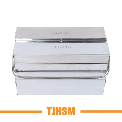 Heavy Duty Stainless Steel Toolbox With Dang Tough Carry Handle Features Four Tier Seven Tray Folding Cantilever Rack For Garage Shop Or Home Office Delivers Heaps Of Nifty Tool Storage And Slick Parts Sorting Daily, top view.