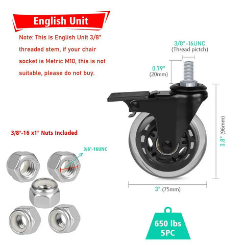 Heavy Duty 3 Inch Lockable Caster Wheels With 3/8 16 Unc Thread Stem Rock Solid Rolling Casters, showing wheel details and included nuts.