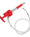 The Ultimate Portable Oil Hand Pump For 5 Gallon Drums with red handle, metal body, and flexible hose for fluid extraction.