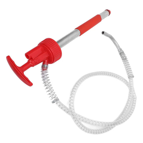The Ultimate Portable Oil Hand Pump For 5 Gallon Drums with red handle, metal body, and flexible hose for fluid extraction.