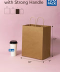 Heavy Duty Kraft Paper Bags With Handles 10 x 7 x 12 Inches, 250 Pack Brown Shopping Bags next to 16 oz cup