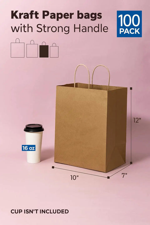 Heavy Duty Kraft Paper Bags With Handles 10 x 7 x 12 Inches, 250 Pack Brown Shopping Bags next to 16 oz cup