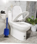 Heavy Duty Accordion Toilet Plunger For Bathroom Use High Pressure Blue Pvc Bellows Tool resting next to a modern toilet.