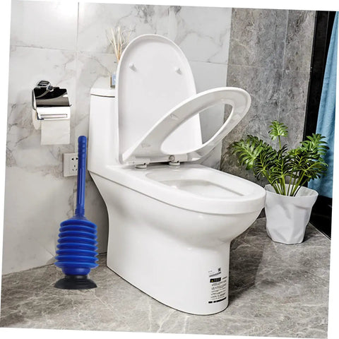 Heavy Duty Accordion Toilet Plunger For Bathroom Use High Pressure Blue Pvc Bellows Tool resting next to a modern toilet.